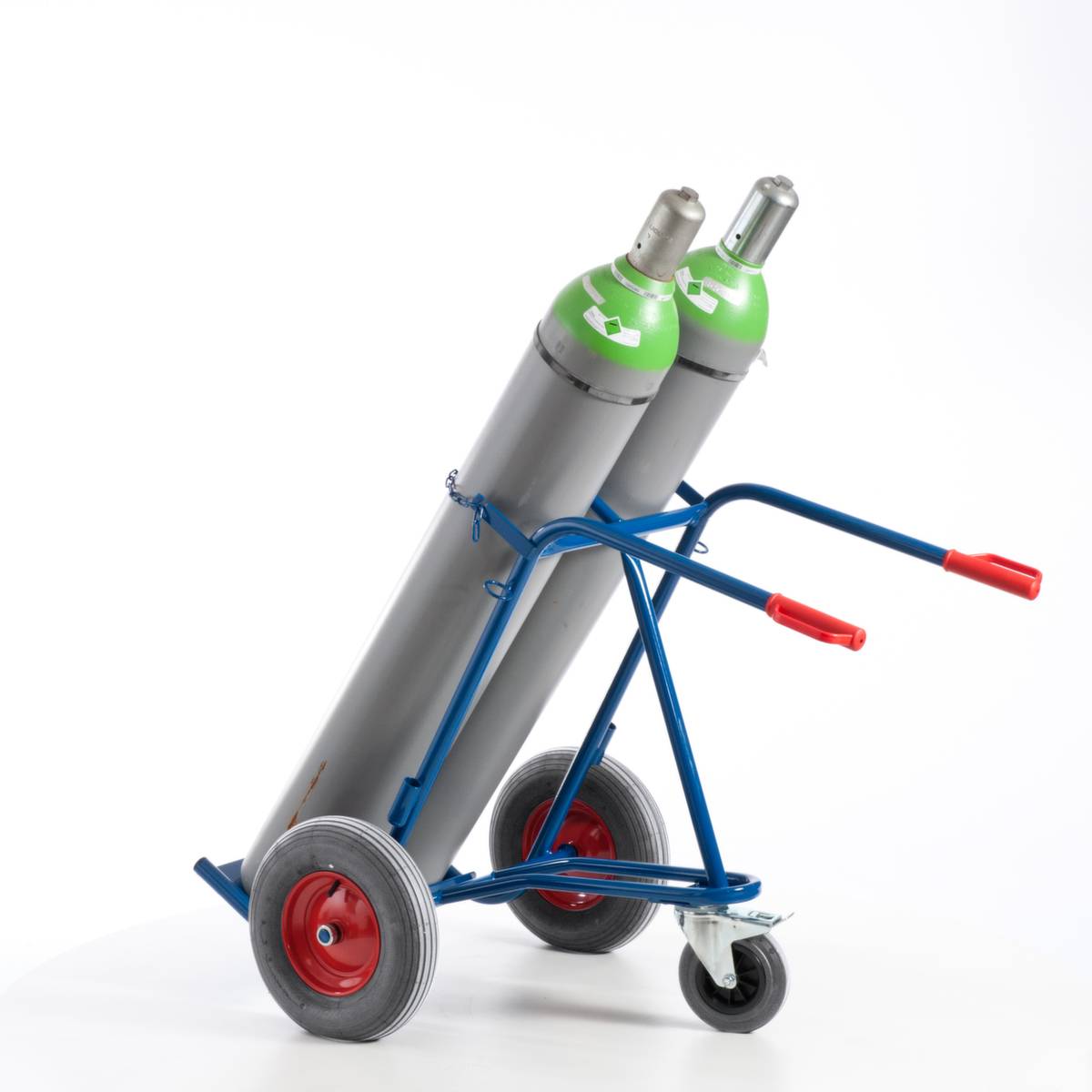 Flaschenkarre,Tragl. 200kg,2x40/50l Flasche,m. Kette,RAL5010,Luft-Bereifung