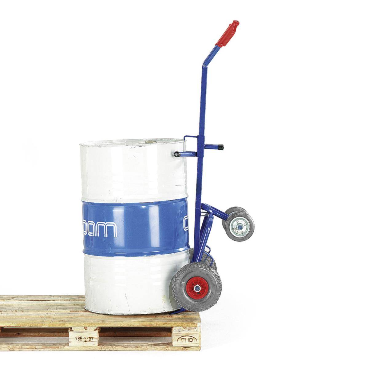 Fasskarre,Tragl. 250kg,1x200l Flasche,RAL5010,Vollgummi-Bereifung,2 Stützräder