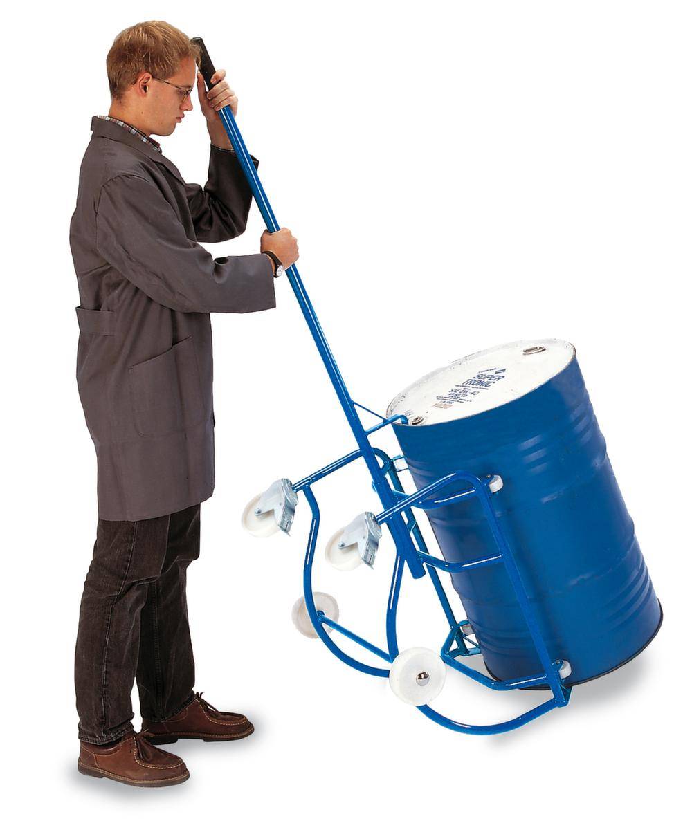 Fasskippbock,f. 1x200l Fass,Ölwanne 208l,Auflage m. Rollen,RAL5010,HxLxB 650x1450x720mm,Polyamid-Bereifung