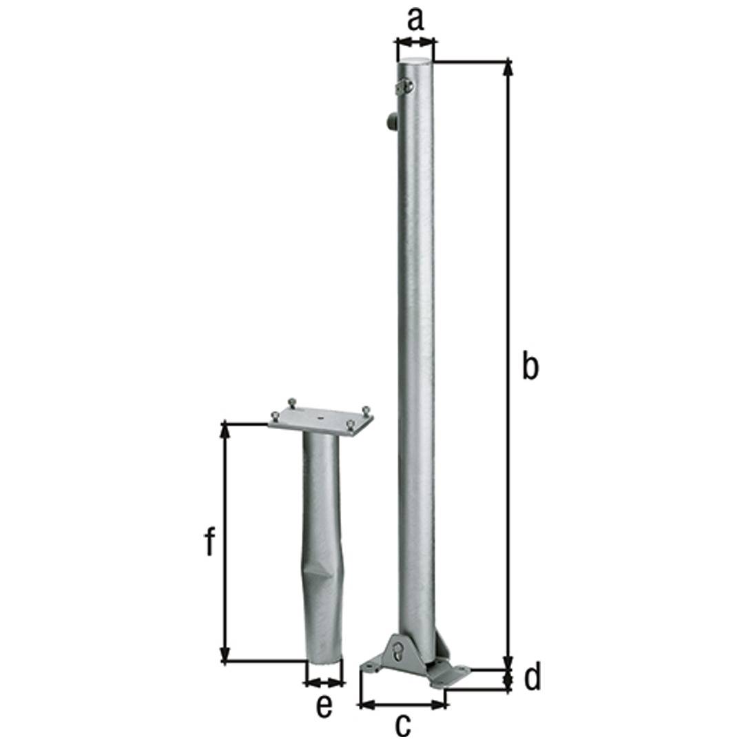Diagramm eines Metallpfostens mit einer Befestigungsplatte am Fuß und einer separaten Deckplatte, das beschriftete Abmessungen a, b, c, d, e und f zeigt.