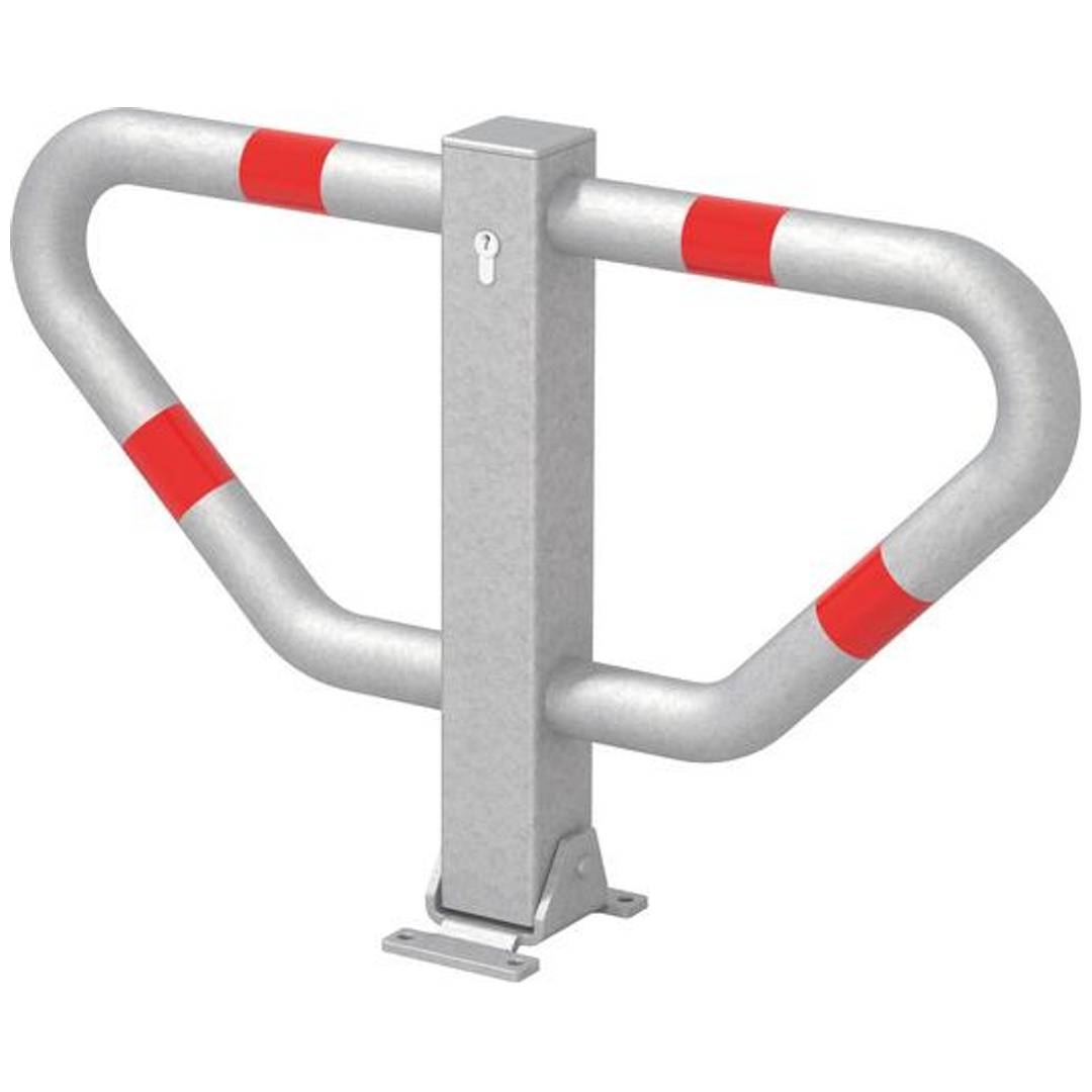 Metallfahrradständer mit roten Reflektorbändern, geformt zum Halten und Sichern von Fahrrädern am Rahmen oder an den Rädern.