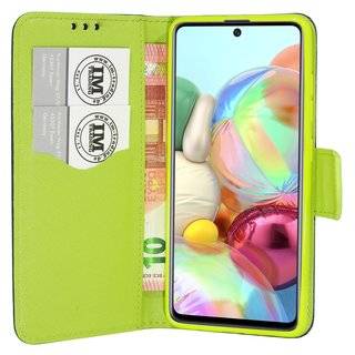 Buch Tasche "Fancy" kompatibel mit SAMSUNG GALAXY A71 (A715F) Handy Hülle Etui Brieftasche Schutzhülle mit Standfunktion, Kartenfach Blau-Grün