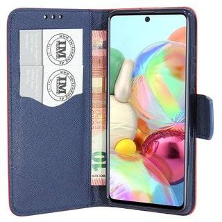 Buch Tasche "Fancy" kompatibel mit SAMSUNG GALAXY A71 (A715F) Handy Hülle Etui Brieftasche Schutzhülle mit Standfunktion, Kartenfach Rot-Blau