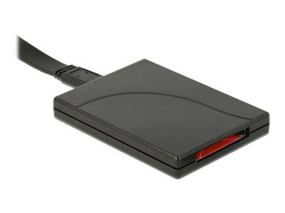 Schwarzer USB-Kartenleser mit Kabel, auf weißem Hintergrund dargestellt.