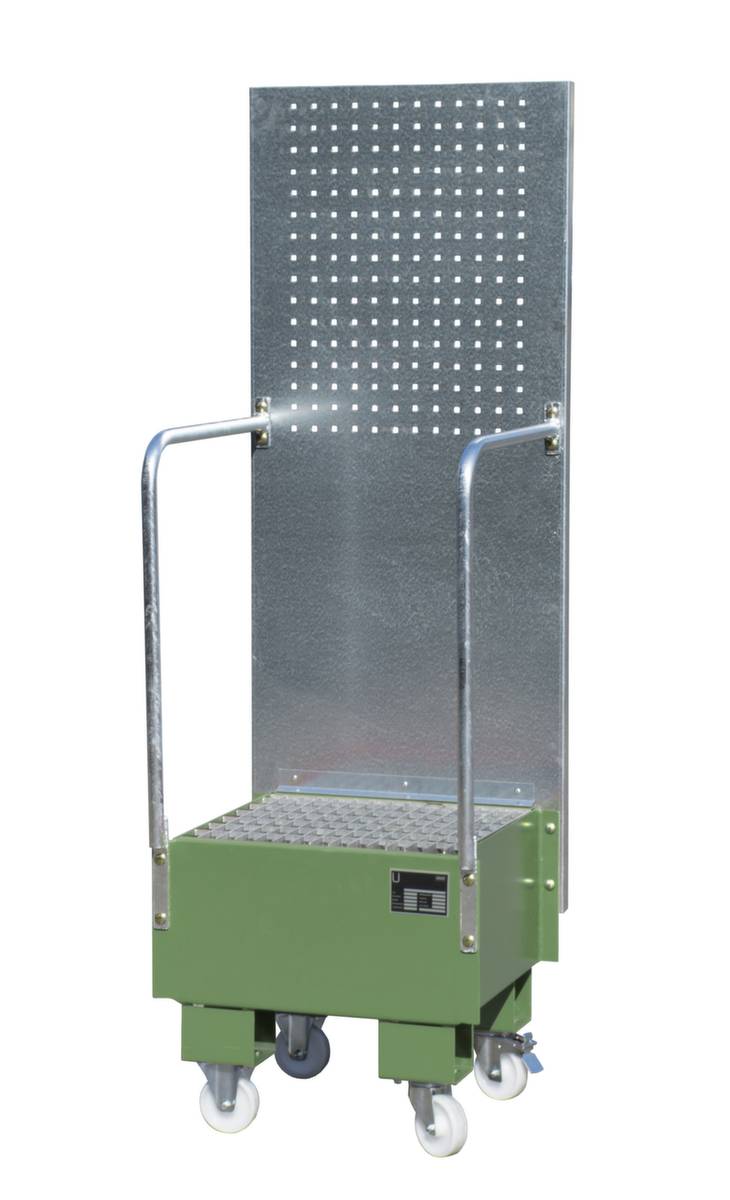 Fahrbare Auffangwanne,f. 1x60l Fass,Auffangvol. 60l,HxBxT 1775x590x570mm,m. Gitterrost,Lochwand,Stahl,RAL6011