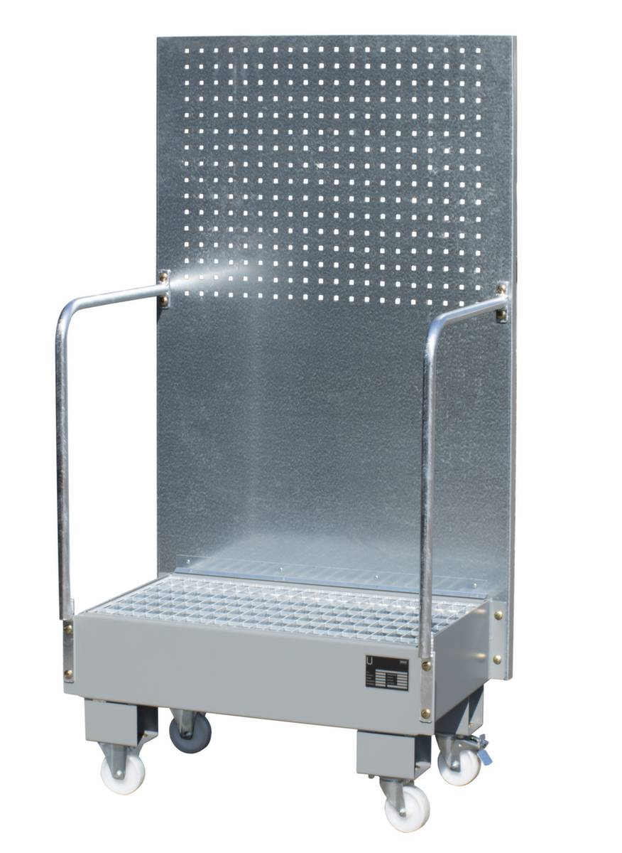 Fahrbare Auffangwanne,f. 2x60l Fass,Auffangvol. 60l,HxBxT 1685x890x570mm,m. Gitterrost,Lochwand,Stahl,RAL7005