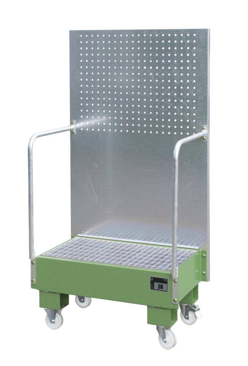Fahrbare Auffangwanne,f. 2x60l Fass,Auffangvol. 60l,HxBxT 1685x890x570mm,m. Gitterrost,Lochwand,Stahl,RAL6011