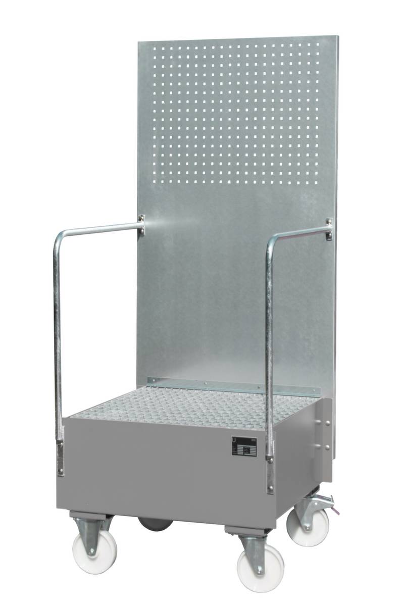 Fahrbare Auffangwanne,f. 1x200l Fass,Auffangvol. 203l,HxBxT 2110x890x870mm,m. Gitterrost,Lochwand,Stahl,RAL7005