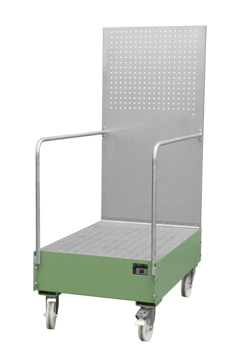 Fahrbare Auffangwanne,f. 2x200l Fass,Auffangvol. 215l,HxBxT 2015x800x1280mm,m. Gitterrost,Lochwand,Stahl,RAL6011