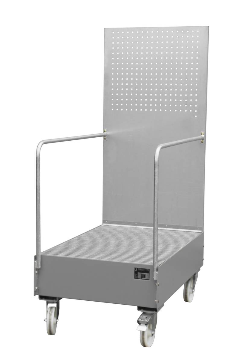 Fahrbare Auffangwanne,f. 2x200l Fass,Auffangvol. 215l,HxBxT 2015x800x1280mm,m. Gitterrost,Lochwand,Stahl,RAL7005