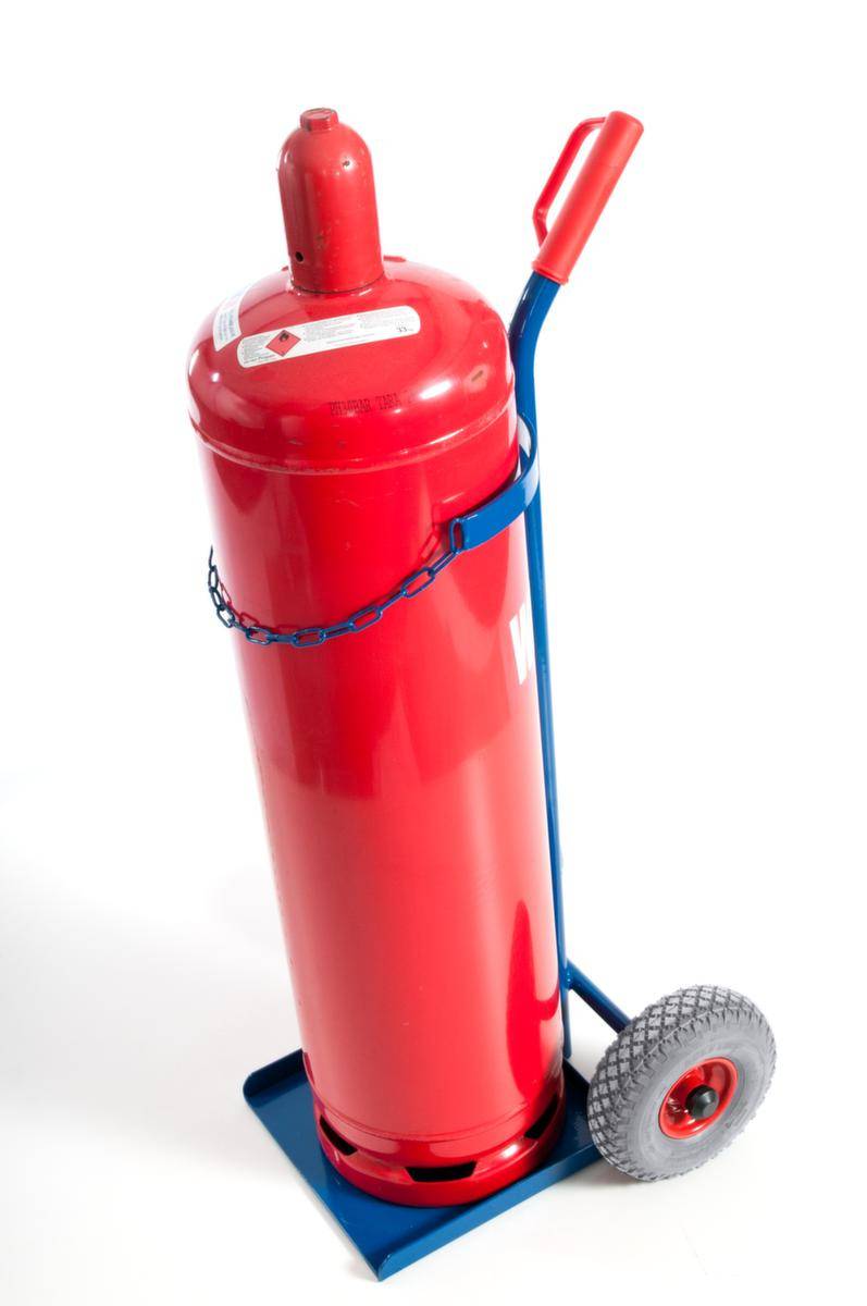 Flaschenkarre,Tragl. 100kg,Propangas 33kg Flasche,m. Kette,RAL5010,Luft-Bereifung