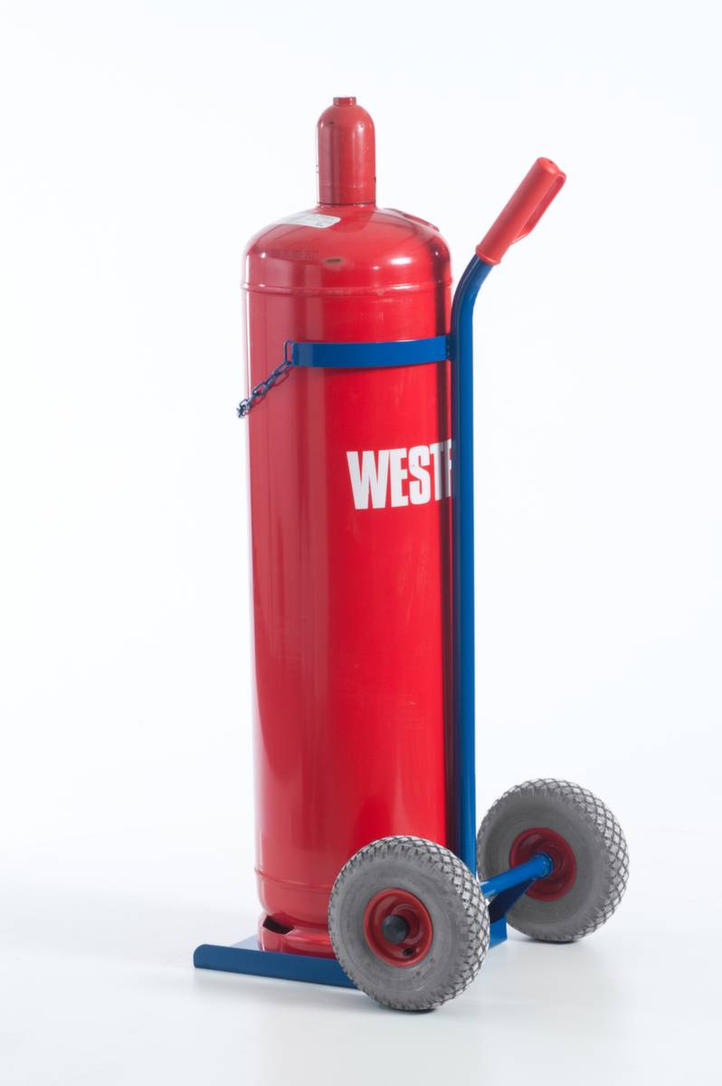 Flaschenkarre,Tragl. 100kg,Propangas 33kg Flasche,m. Kette,RAL5010,Luft-Bereifung