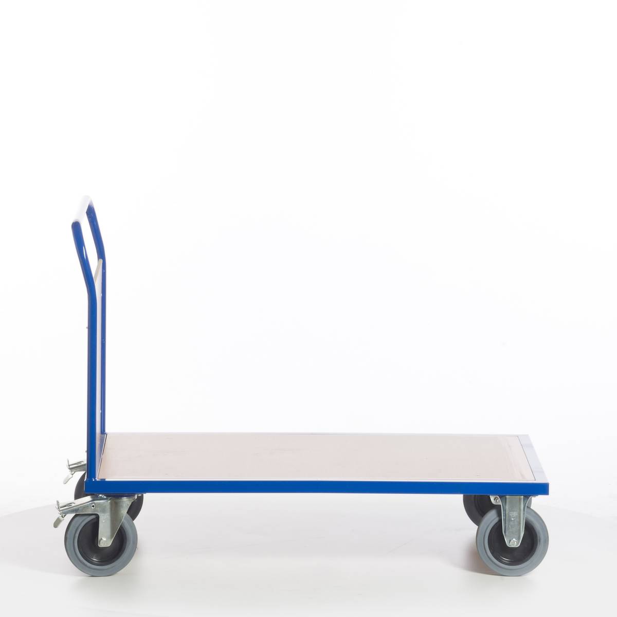 Stirnwandwagen,Tragl. 600kg,Ladefl. LxB 1200x800mm,Holzplatte,1 Wand,RAL5010,2 Lenk-/2 Bockrollen,TPE-Bereifung