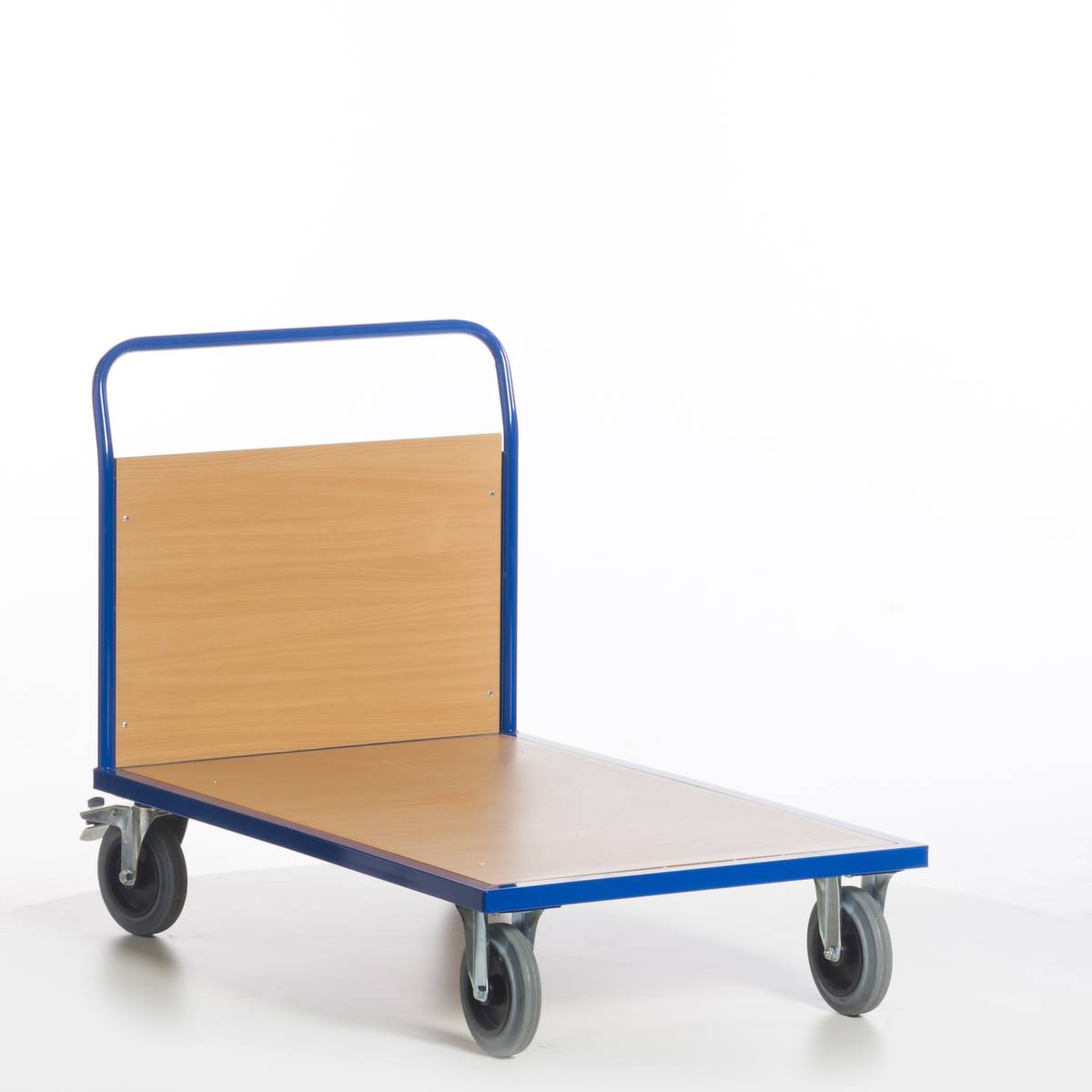 Stirnwandwagen,Tragl. 600kg,Ladefl. LxB 1200x800mm,Holzplatte,1 Wand,RAL5010,2 Lenk-/2 Bockrollen,TPE-Bereifung