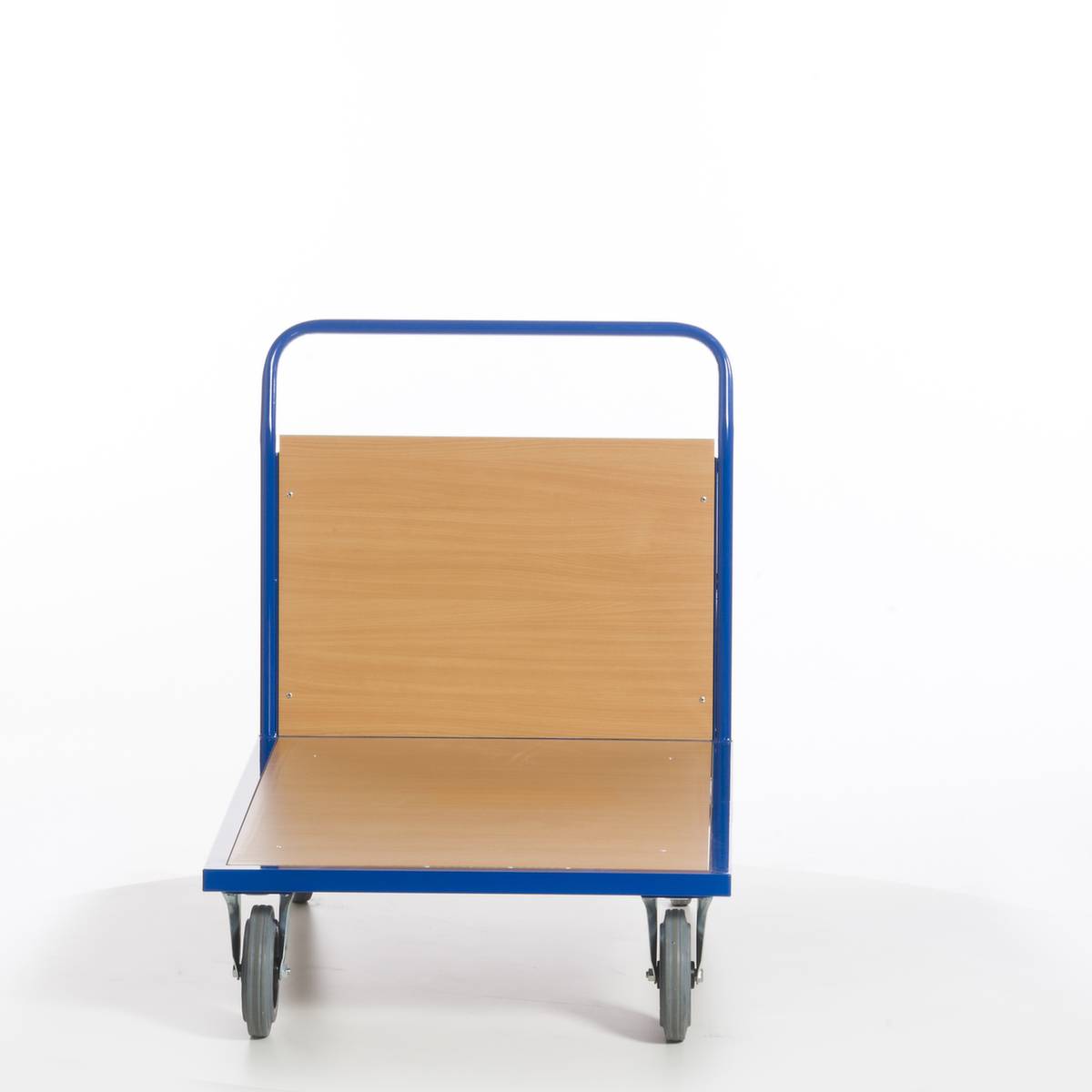 Stirnwandwagen,Tragl. 600kg,Ladefl. LxB 1200x800mm,Holzplatte,1 Wand,RAL5010,2 Lenk-/2 Bockrollen,TPE-Bereifung