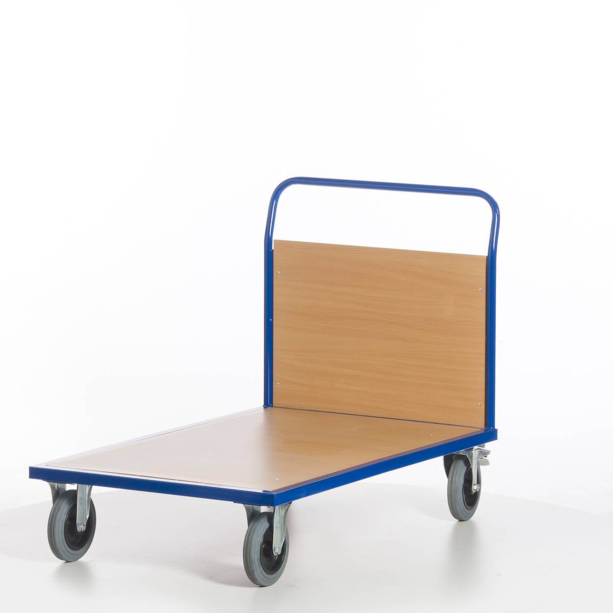 Stirnwandwagen,Tragl. 600kg,Ladefl. LxB 1200x800mm,Holzplatte,1 Wand,RAL5010,2 Lenk-/2 Bockrollen,TPE-Bereifung