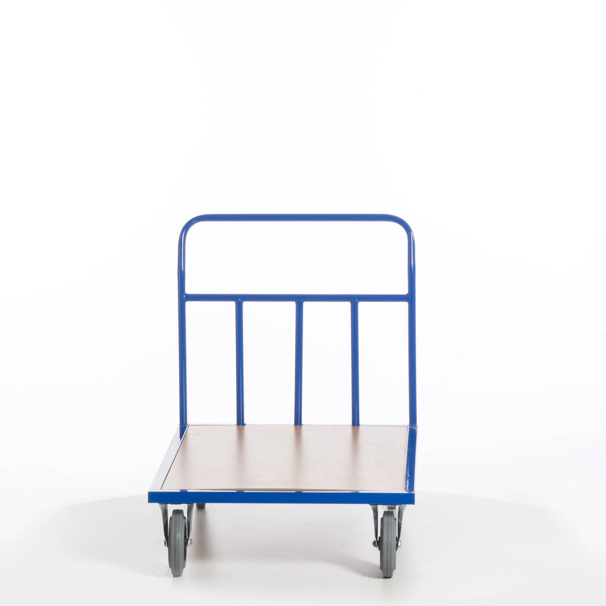 Rohr-Stirnwandwagen,Tragl. 500kg,Ladefl. LxB 1200x800mm,Holzplatte,1 Wand,RAL5010,2 Lenk-/2 Bockrollen,TPE-Bereifung