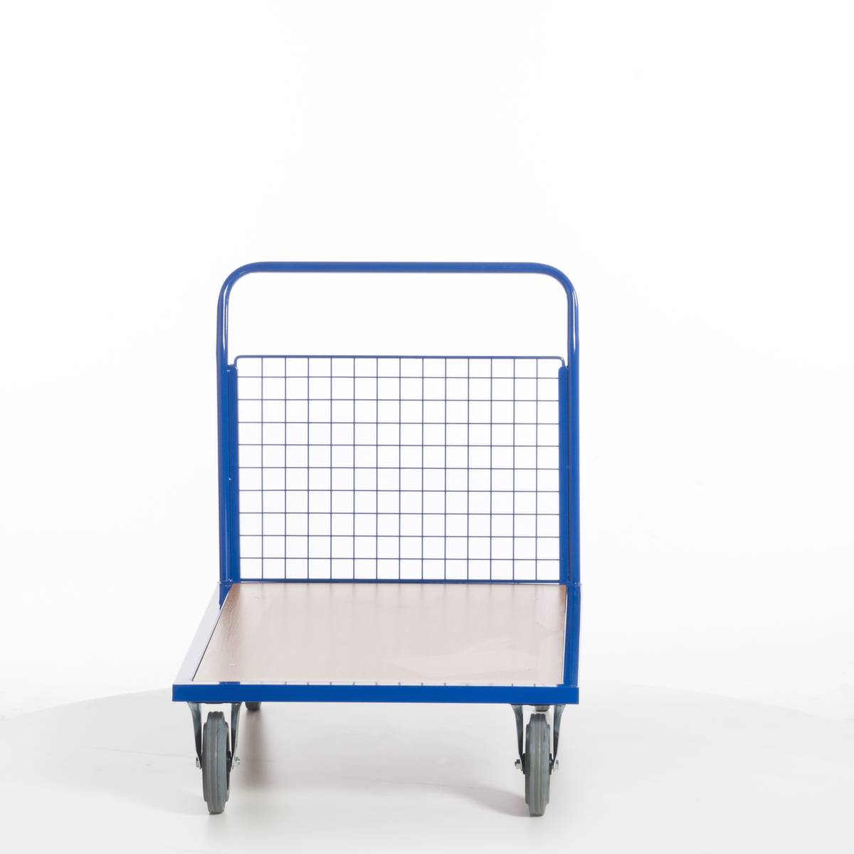 Gitter-Stirnwandwagen,Tragl. 500kg,Ladefl. LxB 1200x800mm,Holzplatte,1 Wand,RAL5010,2 Lenk-/2 Bockrollen,TPE-Bereifung