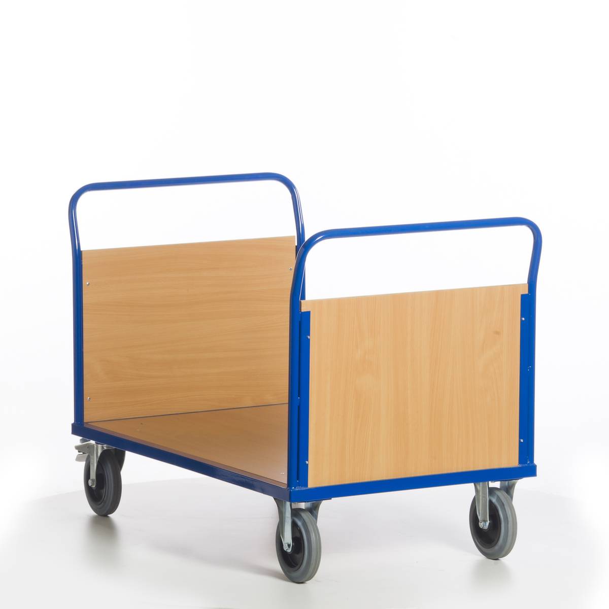 Doppelstirnwandwagen,Tragl. 600kg,Ladefl. LxB 1200x800mm,Holzplatte,2 Wände,RAL5010,2 Lenk-/2 Bockrollen,TPE-Bereifung