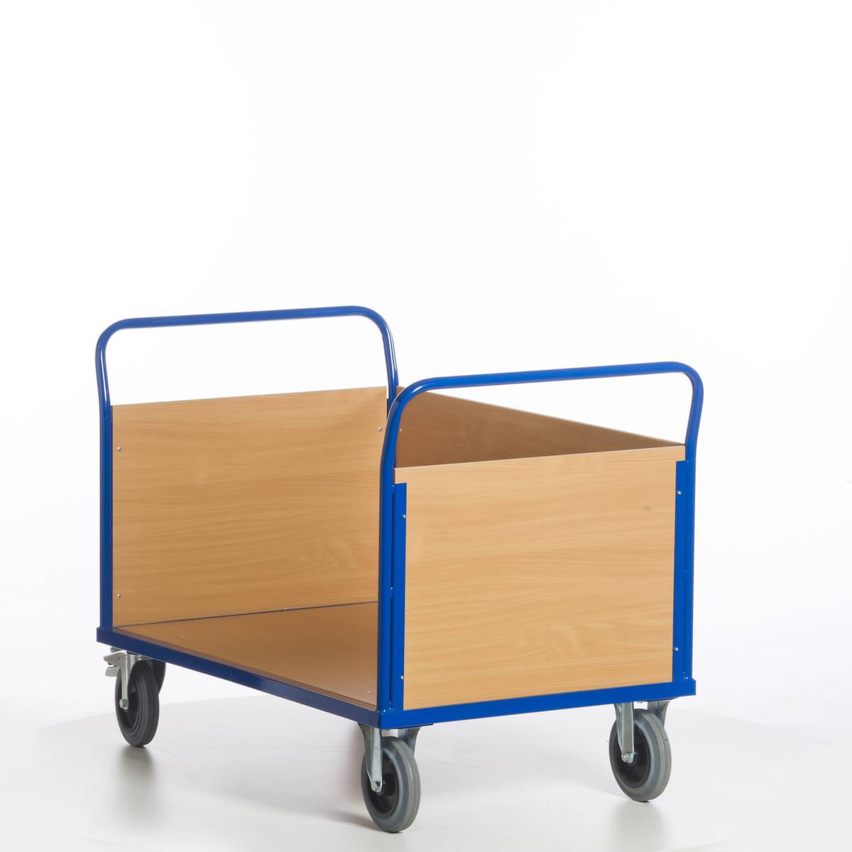 Dreiwandwagen,Tragl. 600kg,Ladefl. LxB 1200x780mm,Holzplatte,3 Wände,RAL5010,2 Lenk-/2 Bockrollen,TPE-Bereifung