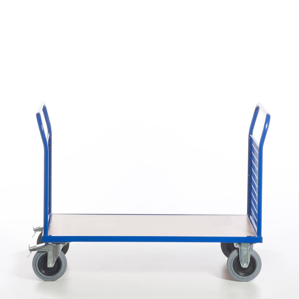 Gitter-Doppelstirnwandwagen,Tragl. 500kg,Ladefl. LxB 1200x800mm,Holzplatte,2 Wände,RAL5010,2 Lenk-/2 Bockrollen