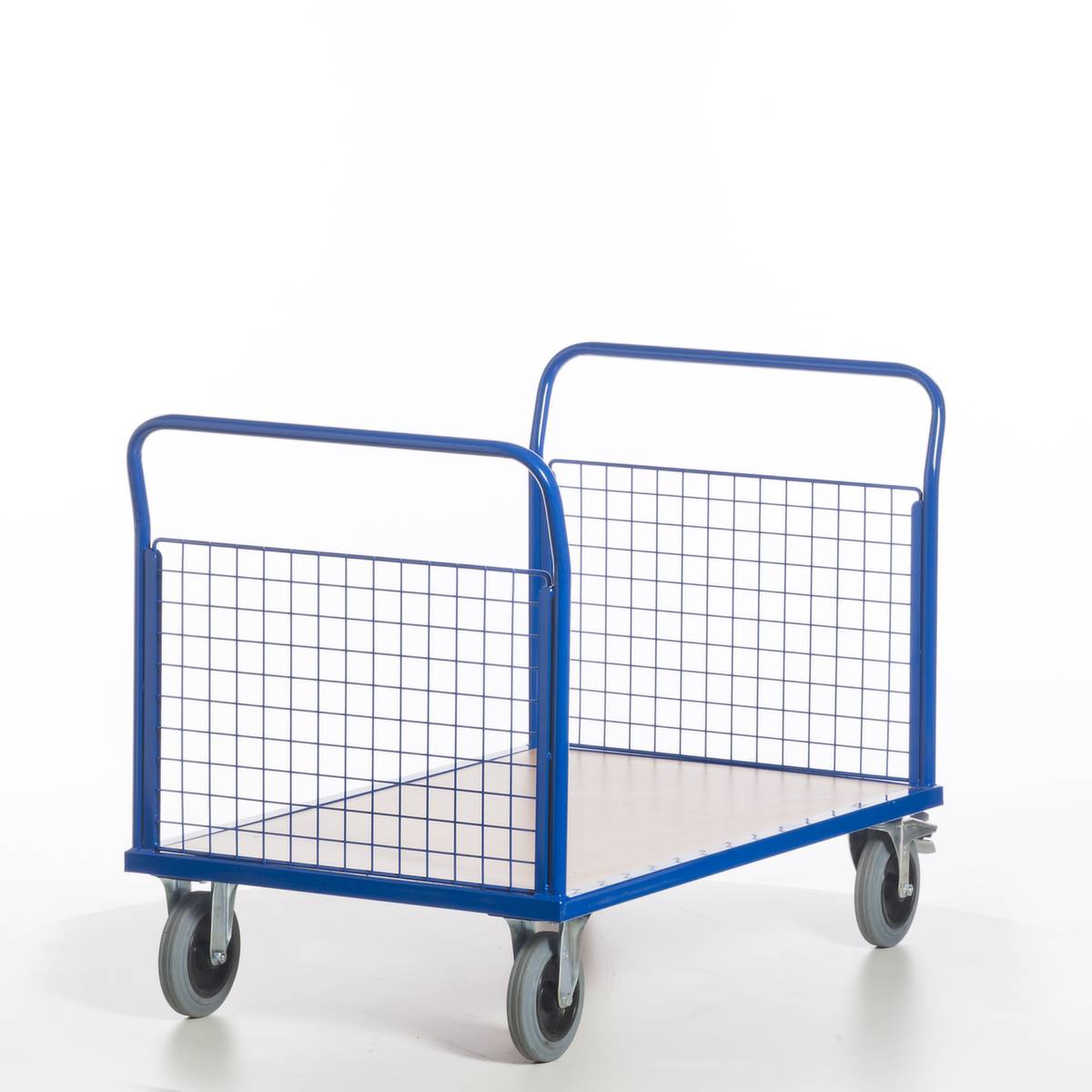 Gitter-Doppelstirnwandwagen,Tragl. 500kg,Ladefl. LxB 1200x800mm,Holzplatte,2 Wände,RAL5010,2 Lenk-/2 Bockrollen