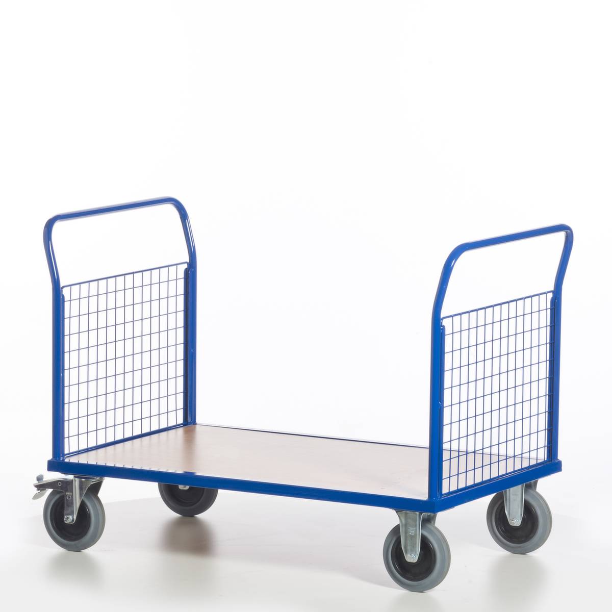 Gitter-Doppelstirnwandwagen,Tragl. 500kg,Ladefl. LxB 1200x800mm,Holzplatte,2 Wände,RAL5010,2 Lenk-/2 Bockrollen