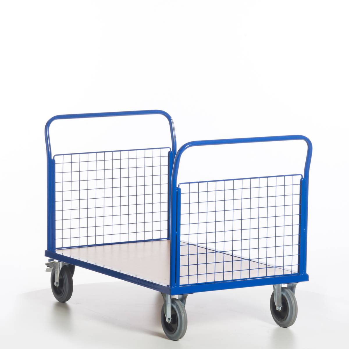 Gitter-Doppelstirnwandwagen,Tragl. 500kg,Ladefl. LxB 1200x800mm,Holzplatte,2 Wände,RAL5010,2 Lenk-/2 Bockrollen