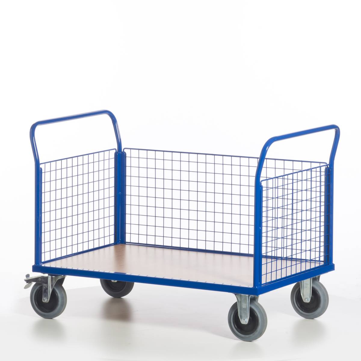 Gitter-Dreiwandwagen,Tragl. 500kg,Ladefl. LxB 1200x780mm,Holzplatte,3 Wände,RAL5010,2 Lenk-/2 Bockrollen,TPE-Bereifung