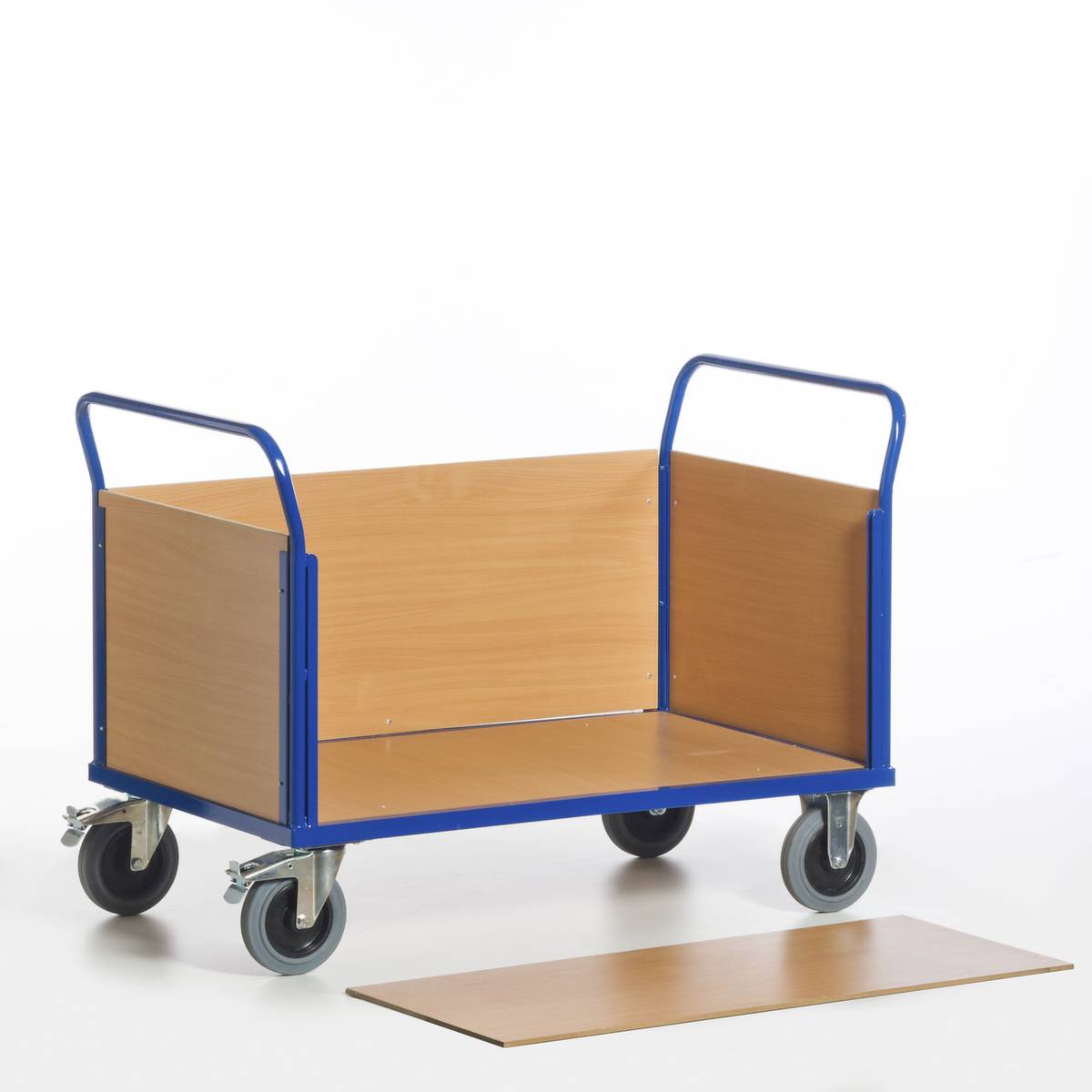 Vierwandwagen,Tragl. 600kg,Ladefl. LxB 1200x770mm,Holzplatte,4 Wände,RAL5010,2 Lenk-/2 Bockrollen,TPE-Bereifung