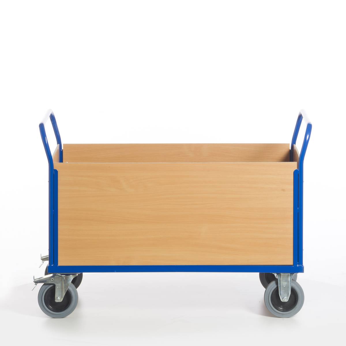 Vierwandwagen,Tragl. 600kg,Ladefl. LxB 1200x770mm,Holzplatte,4 Wände,RAL5010,2 Lenk-/2 Bockrollen,TPE-Bereifung
