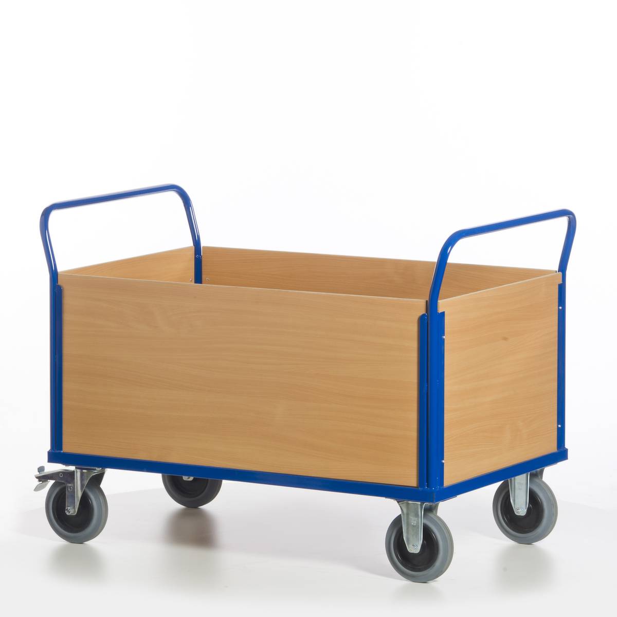 Vierwandwagen,Tragl. 600kg,Ladefl. LxB 1200x770mm,Holzplatte,4 Wände,RAL5010,2 Lenk-/2 Bockrollen,TPE-Bereifung