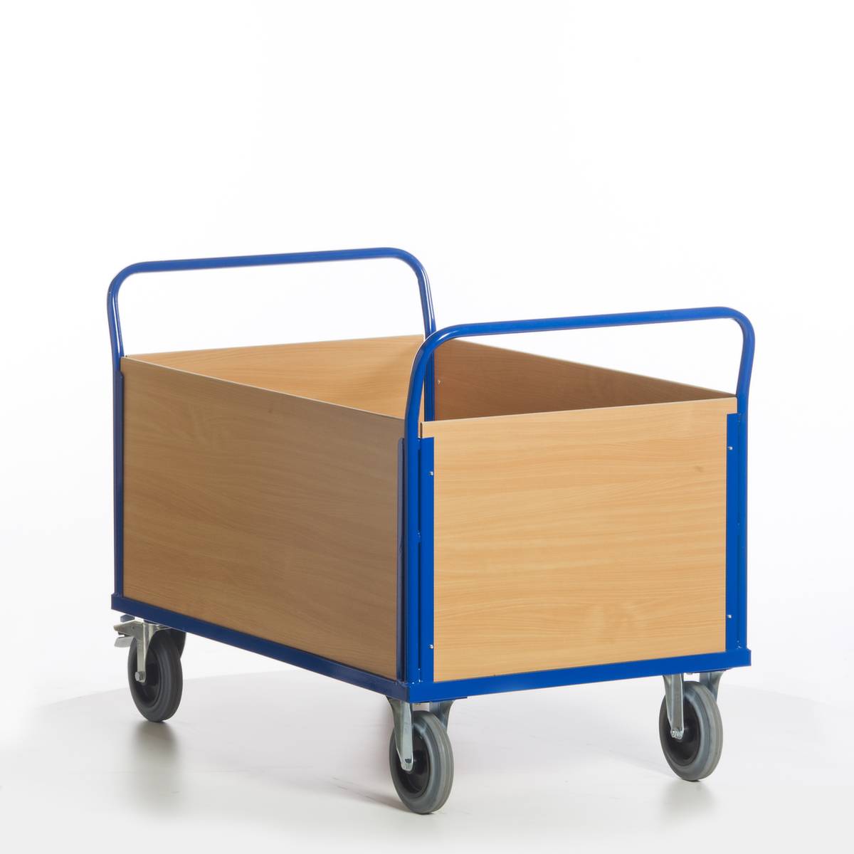 Vierwandwagen,Tragl. 600kg,Ladefl. LxB 1200x770mm,Holzplatte,4 Wände,RAL5010,2 Lenk-/2 Bockrollen,TPE-Bereifung
