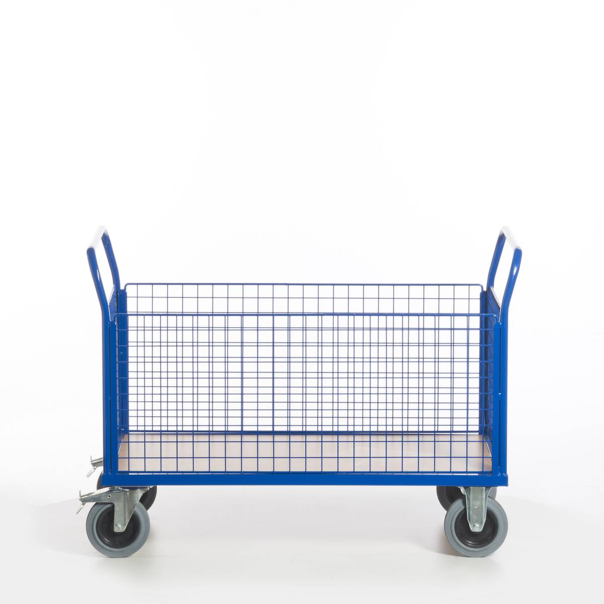 Gitter-Vierwandwagen,Tragl. 500kg,Ladefl. LxB 1200x770mm,Holzplatte,4 Wände,RAL5010,2 Lenk-/2 Bockrollen,TPE-Bereifung