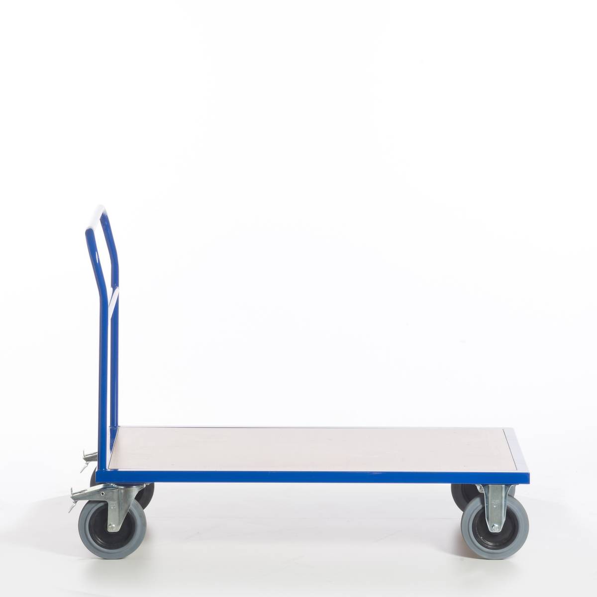 Schiebebügelwagen,Tragl. 500kg,Ladefl. LxB 1200x800mm,Holzplatte,RAL5010,2 Lenk-/2 Bockrollen,TPE-Bereifung