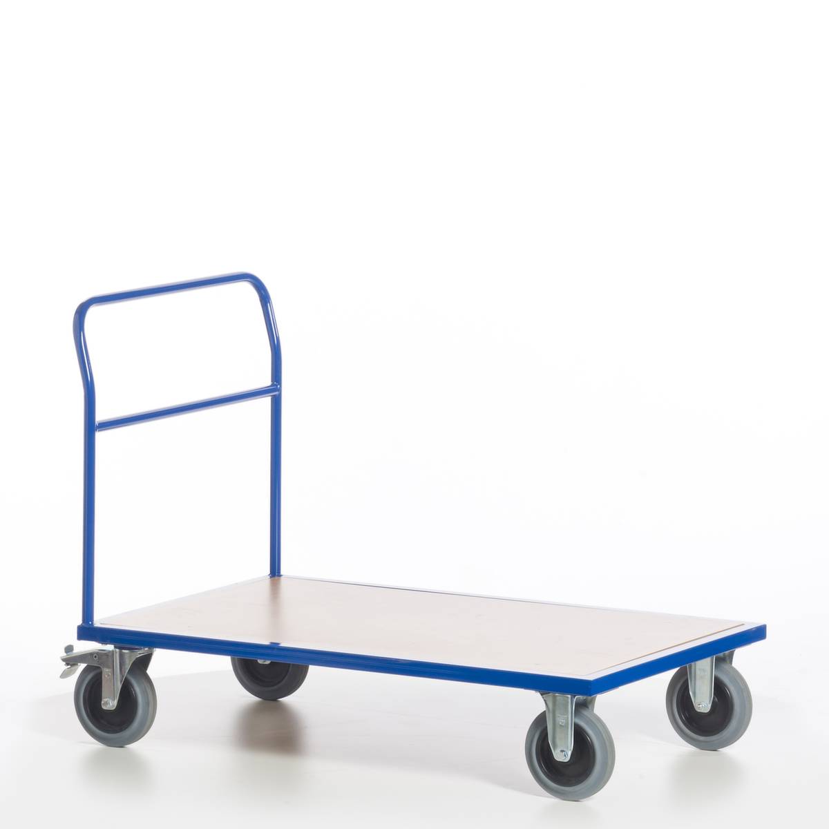 Schiebebügelwagen,Tragl. 500kg,Ladefl. LxB 1200x800mm,Holzplatte,RAL5010,2 Lenk-/2 Bockrollen,TPE-Bereifung