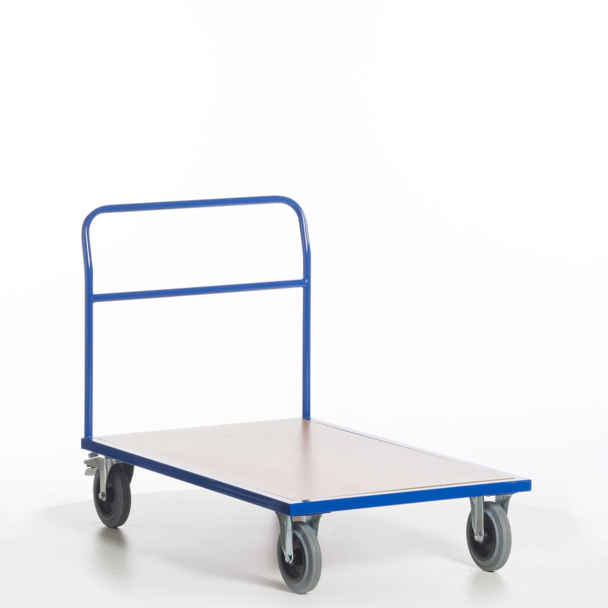 Schiebebügelwagen,Tragl. 500kg,Ladefl. LxB 1200x800mm,Holzplatte,RAL5010,2 Lenk-/2 Bockrollen,TPE-Bereifung