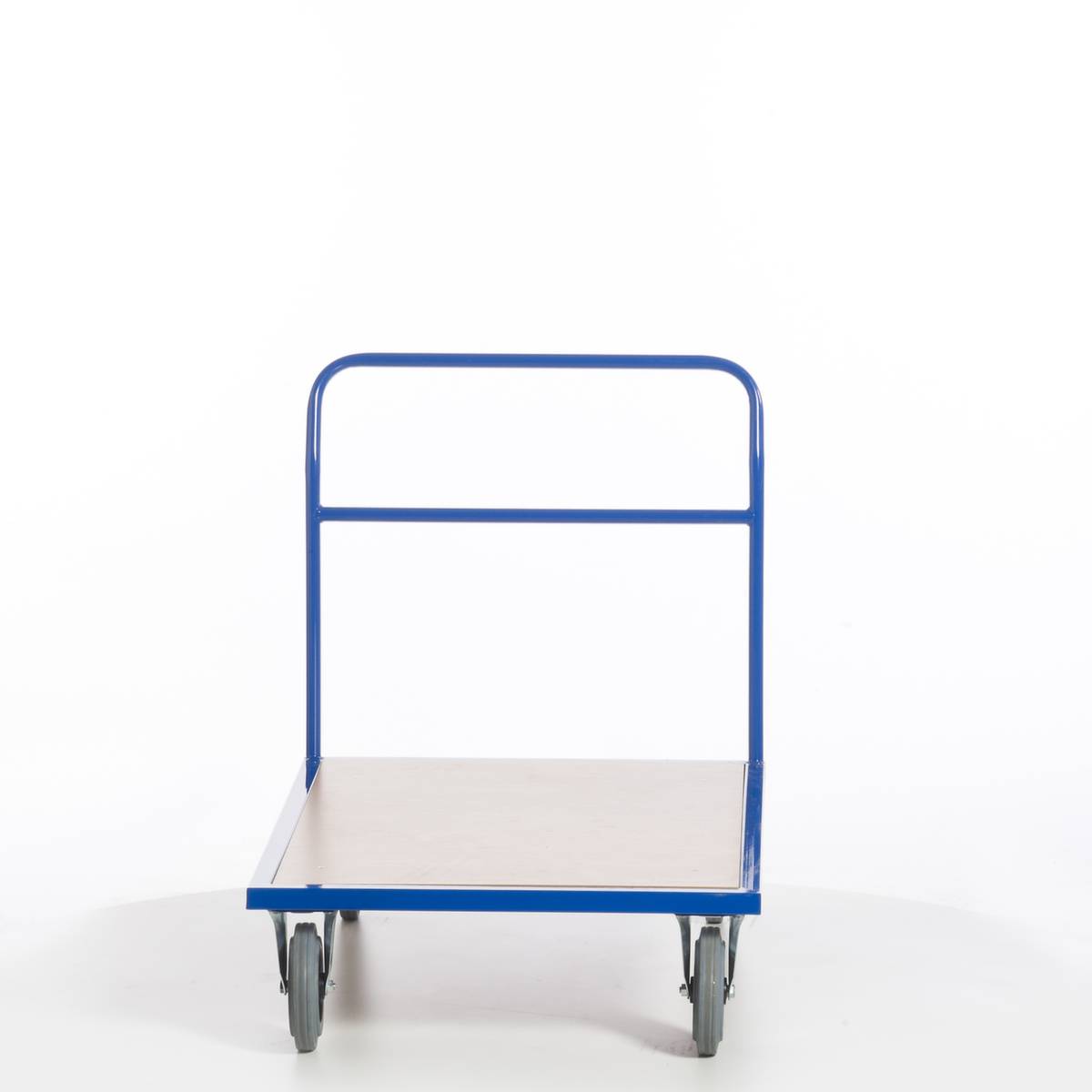 Schiebebügelwagen,Tragl. 500kg,Ladefl. LxB 1200x800mm,Holzplatte,RAL5010,2 Lenk-/2 Bockrollen,TPE-Bereifung