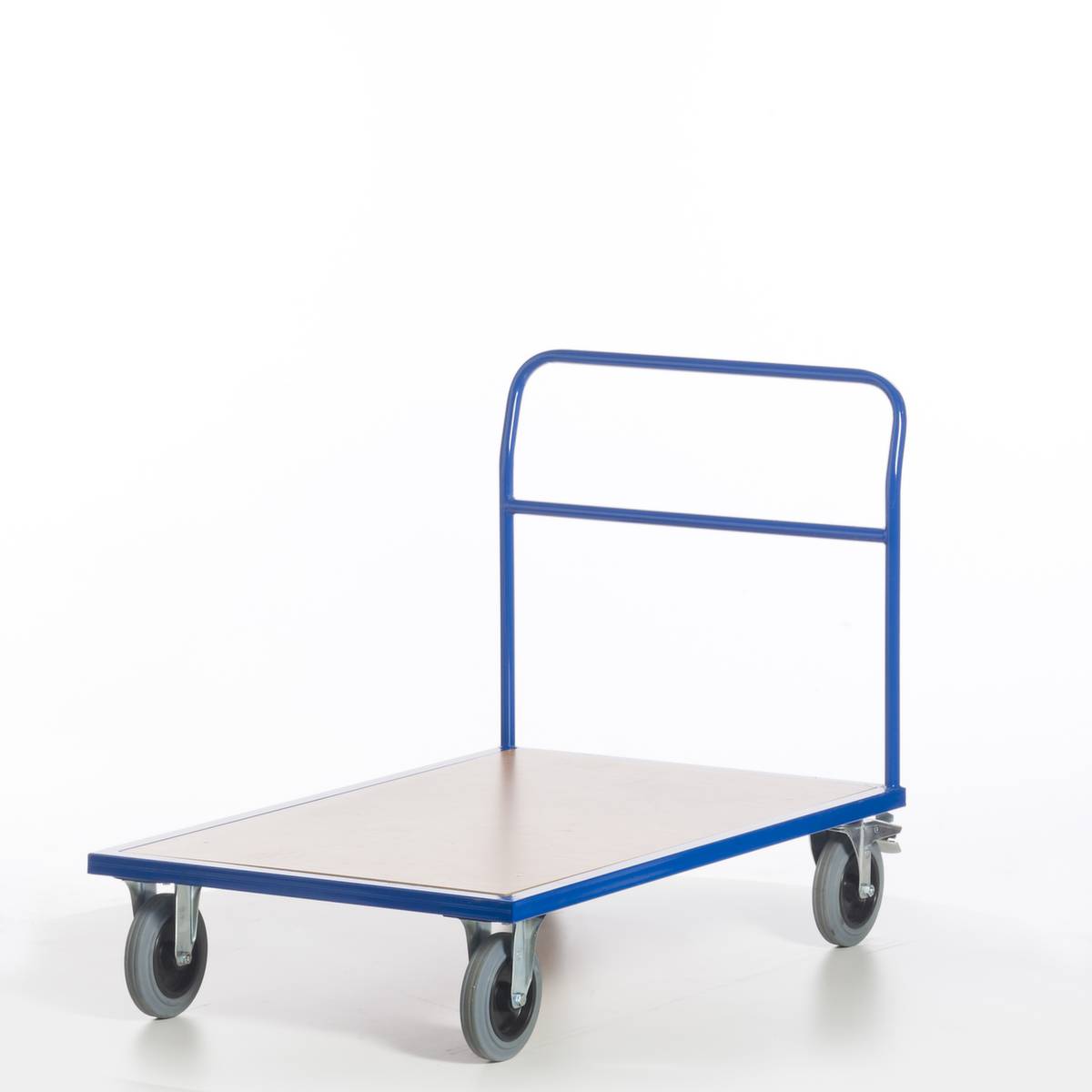 Schiebebügelwagen,Tragl. 500kg,Ladefl. LxB 1200x800mm,Holzplatte,RAL5010,2 Lenk-/2 Bockrollen,TPE-Bereifung