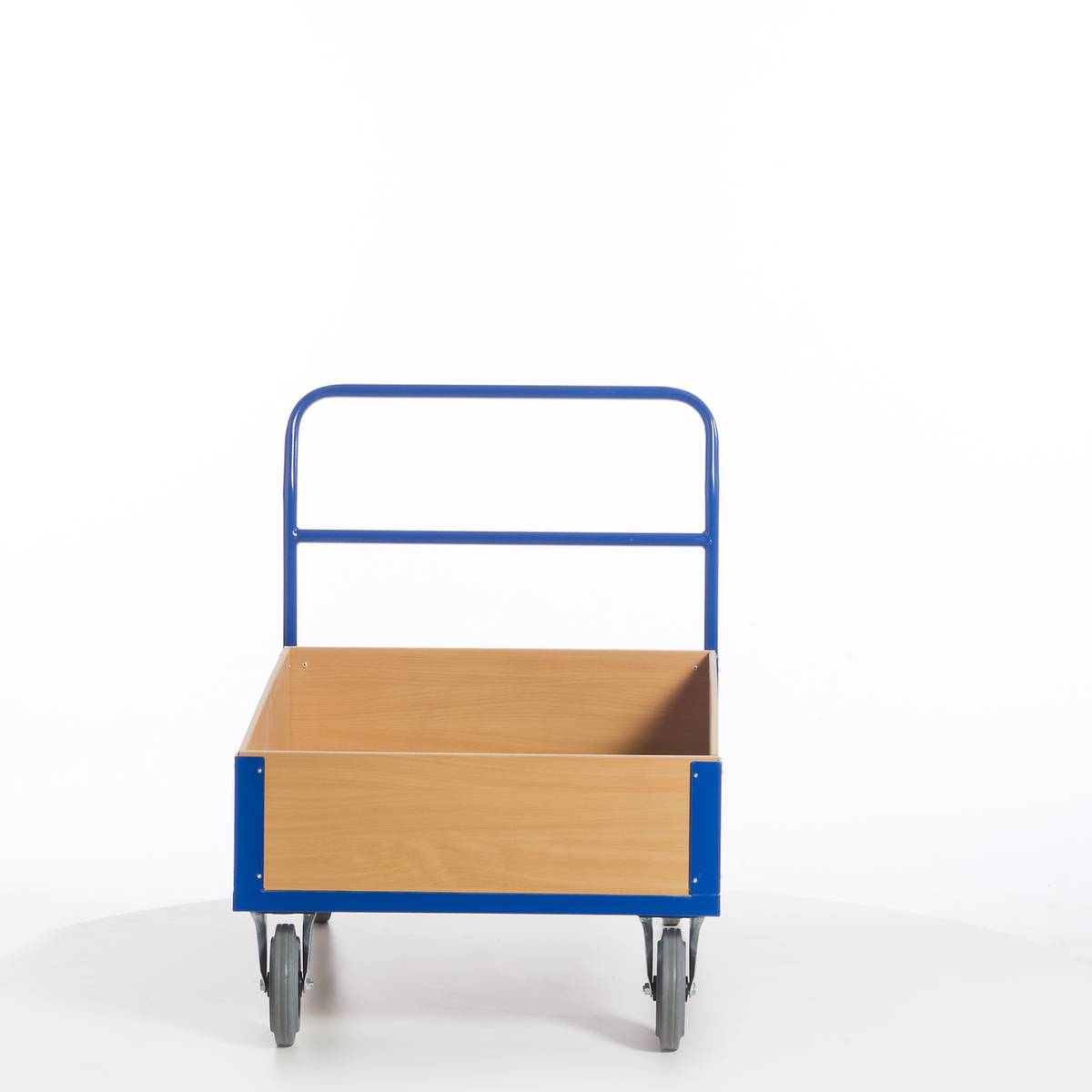 Bordwandwagen,Tragl. 600kg,Ladefl. LxB 1200x770mm,Holzplatte,4 Bordwände (Vollwand),RAL5010,2 Lenk-/2 Bockrollen