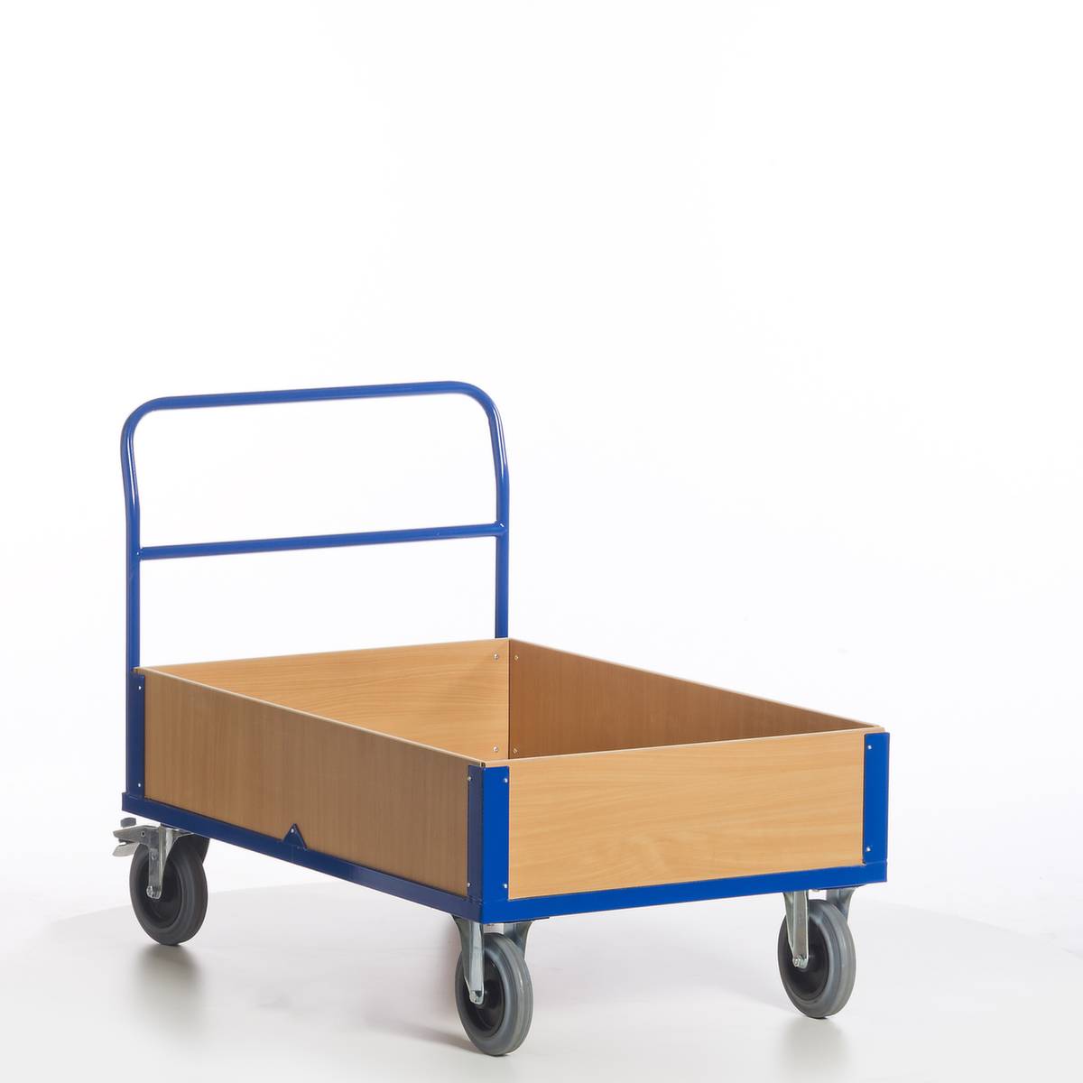 Bordwandwagen,Tragl. 600kg,Ladefl. LxB 1200x770mm,Holzplatte,4 Bordwände (Vollwand),RAL5010,2 Lenk-/2 Bockrollen