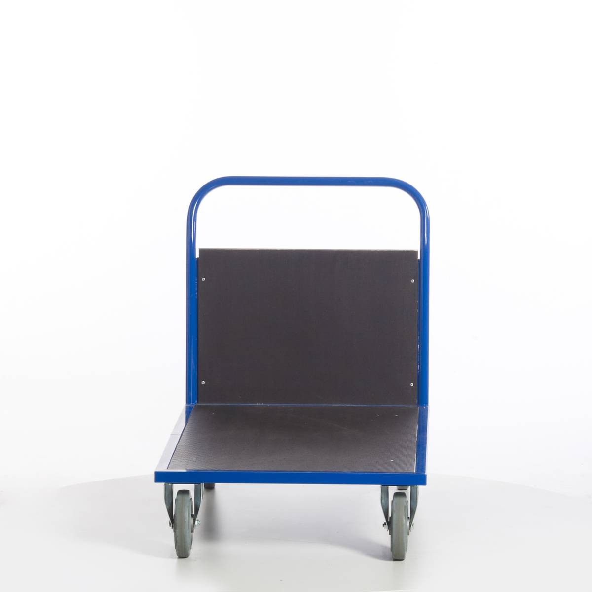 Stirnwandwagen,Tragl. 1200kg,Ladefl. LxB 1200x800mm,Siebdruckplatte,1 Wand,RAL5010,2 Lenk-/2 Bockrollen