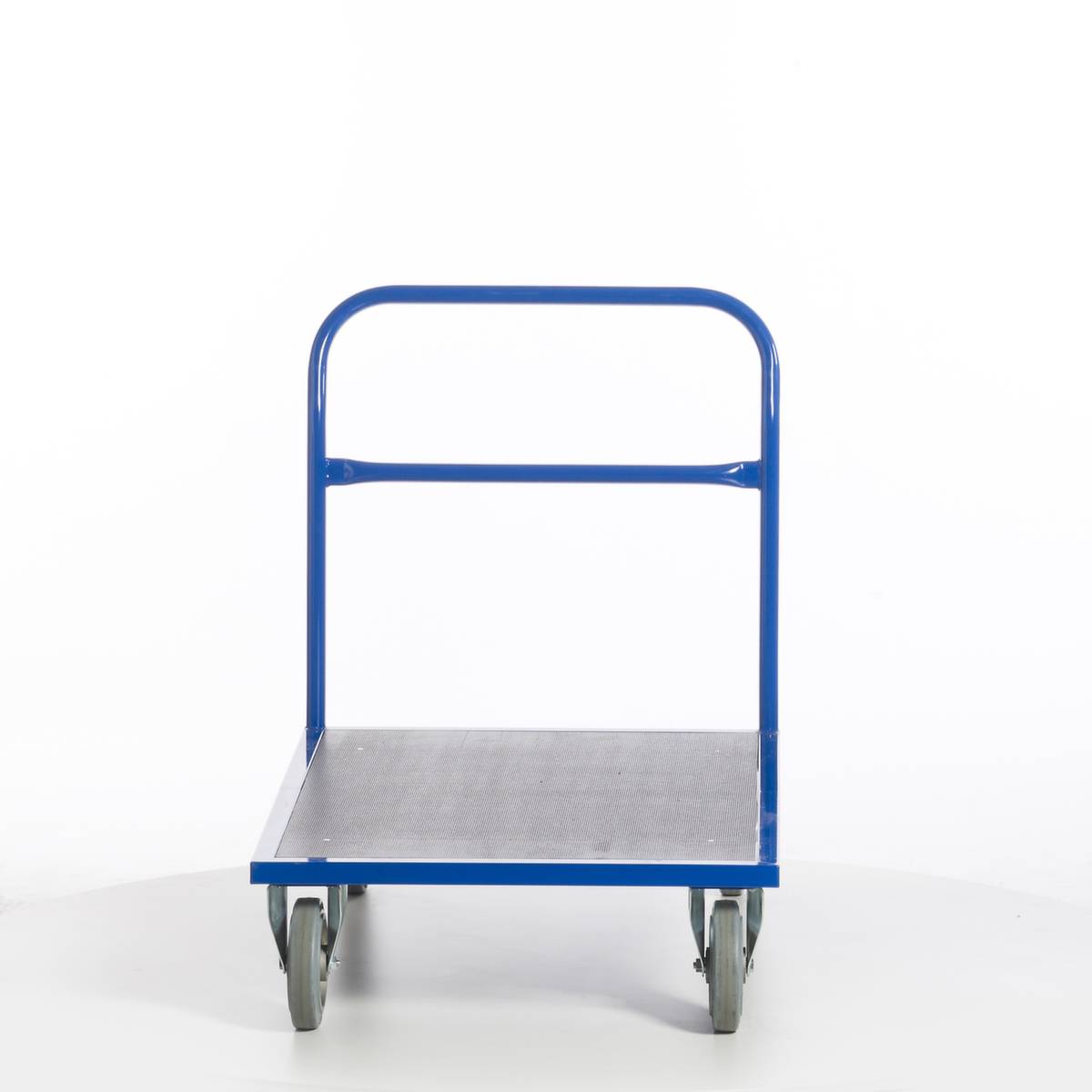 Schiebebügelwagen,Tragl. 1200kg,Ladefl. LxB 1200x800mm,Siebdruckplatte,1 Stirnwand (offen),RAL5010,2 Lenk-/2 Bockrollen