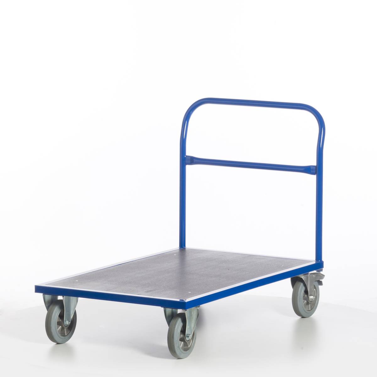 Schiebebügelwagen,Tragl. 1200kg,Ladefl. LxB 1200x800mm,Siebdruckplatte,1 Stirnwand (offen),RAL5010,2 Lenk-/2 Bockrollen