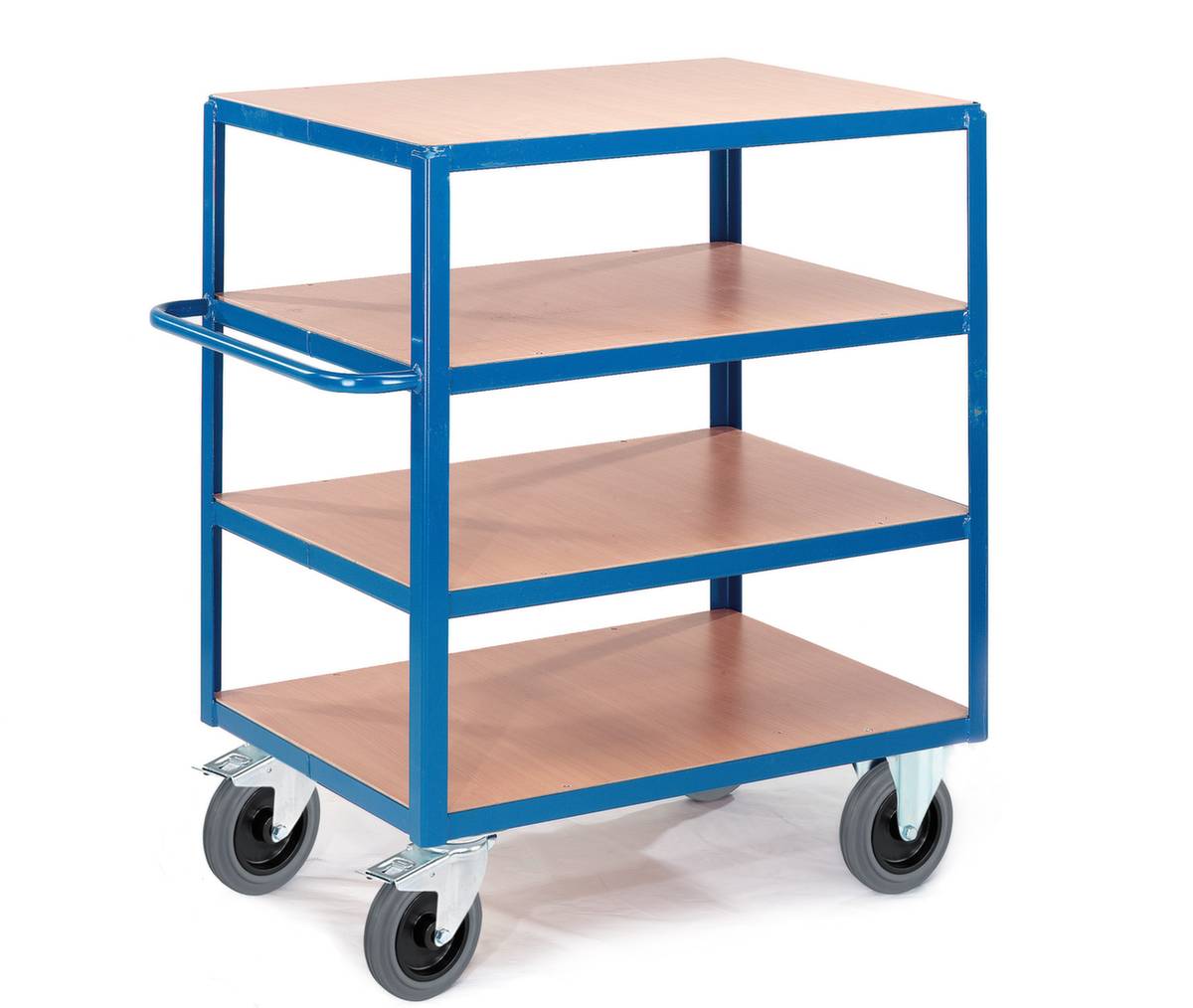 Tischwagen,Tragl. 600kg,4 Etage(n),Ladefl. LxB 1200x800mm,Holzböden,RAL5010,TPE-Bereifung
