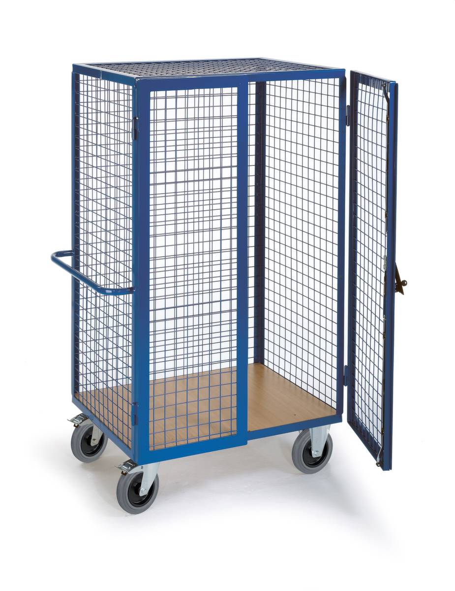 Schrankwagen,Tragl. 600kg,Ladefl. LxB 1215x800mm,Holzplatte,3 Wände (drahtgitter) mit Tür,Zylinderschloss,RAL5010