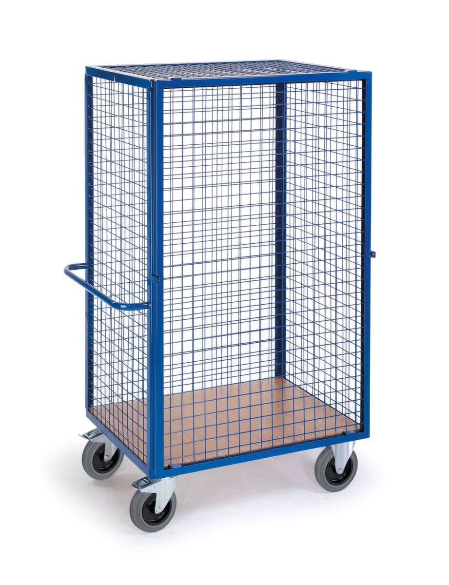 Schrankwagen,Tragl. 600kg,Ladefl. LxB 1215x800mm,Holzplatte,4 Wände,RAL5010,TPE-Bereifung