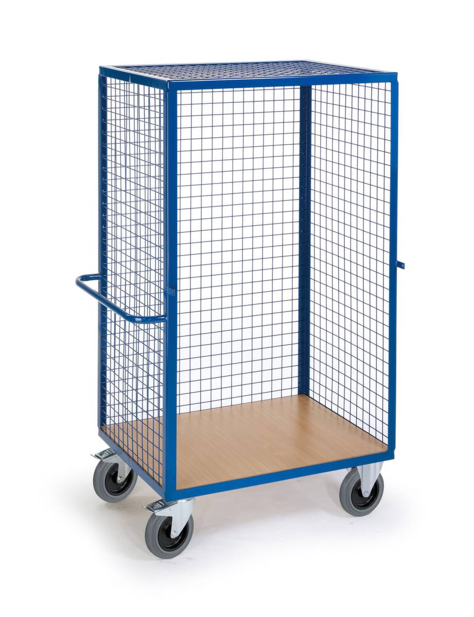 Schrankwagen,Tragl. 600kg,Ladefl. LxB 1215x800mm,Holzplatte,3 Wände,RAL5010,TPE-Bereifung