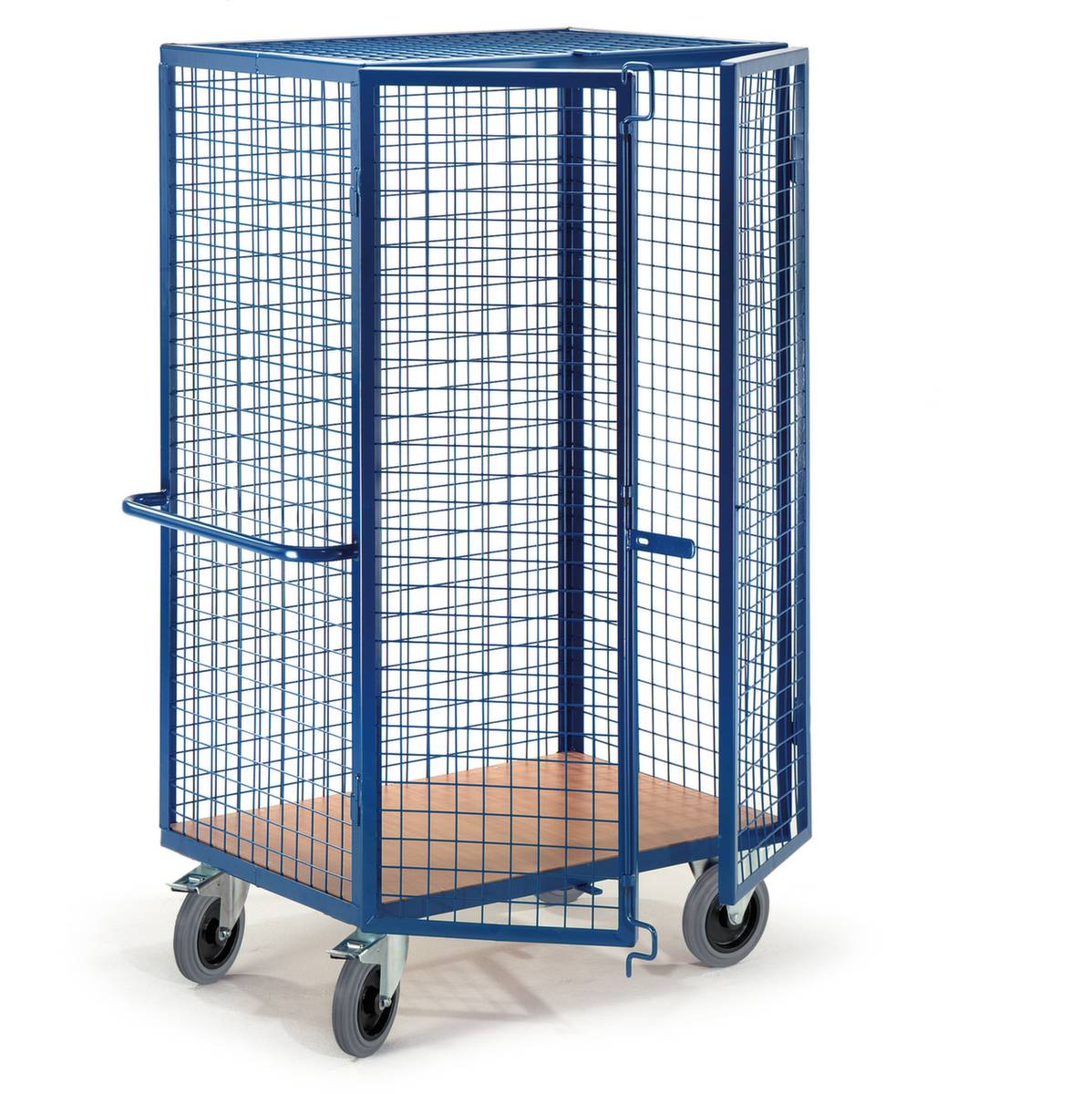 Schrankwagen,Tragl. 600kg,Ladefl. LxB 1215x800mm,Holzplatte,3 Gitterwände,Tür,RAL5010,TPE-Bereifung