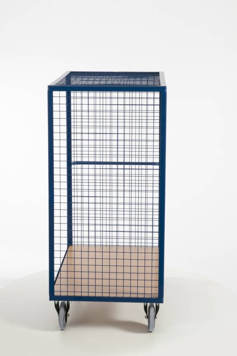 Schrankwagen,Tragl. 600kg,Ladefl. LxB 980x700mm,Holzplatte,3 Wände,RAL5010,TPE-Bereifung